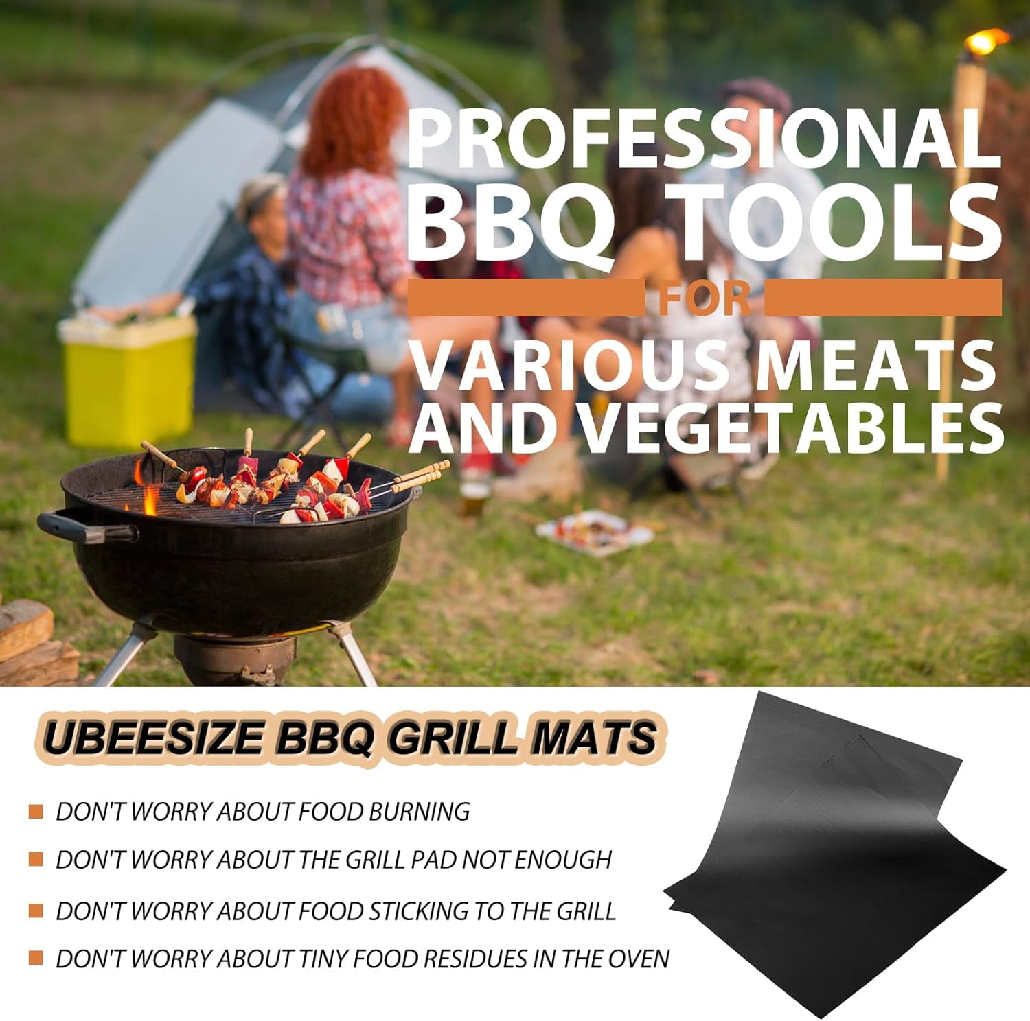 for Outdoor Grill Set of 6 - Heavy Duty Non-Stick BBQ Grilling Mat & Oven Liner, Reusable, Easy to Clean - Works on Oven, Gas, Charcoal, and Electric BBQ - 15.75 x 13 Inch