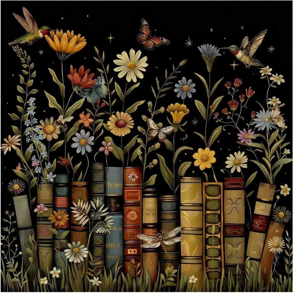 Library-themed diamond painting kit, Nighttime Book Forest fantasy diamond painting kit, DIY 5D diamond painting kit (suitable for beginners), home wall decoration, frame not included.,Flower