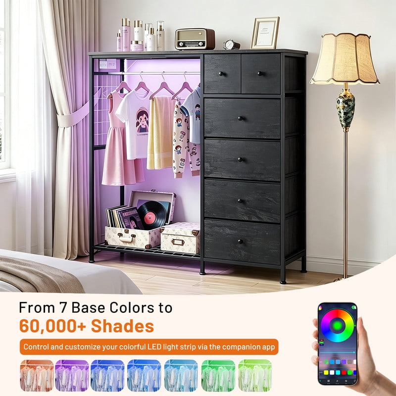 Simenmax 6-Drawer Storage Closet with LED Lights & Charging Station, 49.2" Wide Wooden Wardrobe Rack with Fabric Bins,Portable Clothing Organizer for Bedroom, Entryway, Black Wood