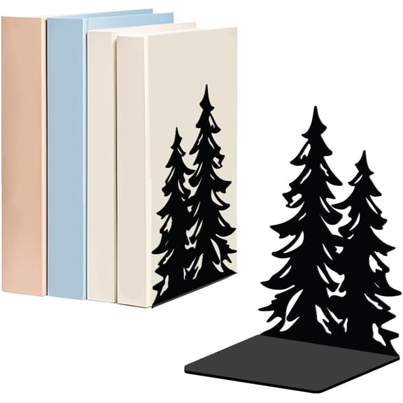 1 Pair Pine Tree Metal Decorative Bookend for Shelves Heavy Duty Book Ends Modern Non-Skid Books Holder Stand Black Book Support Stoppers