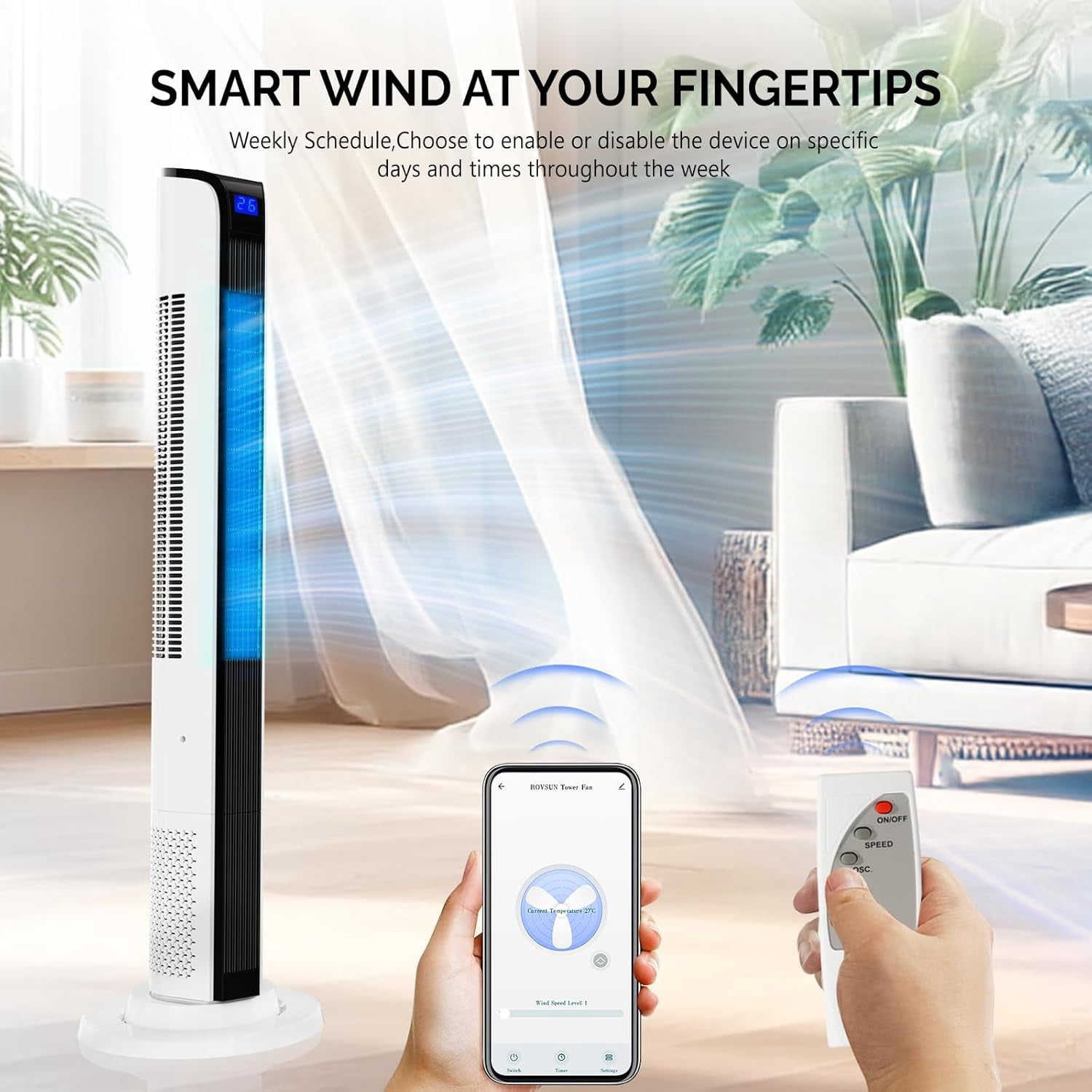 VINGLI 42" Tower Fan for Bedroom, Smart Floor Fan with APP & Remote Control, 3 Modes, 3 Speeds, Standing Fan with Oscillating, 12H Timer, Quiet Fan for Cooling Home Office