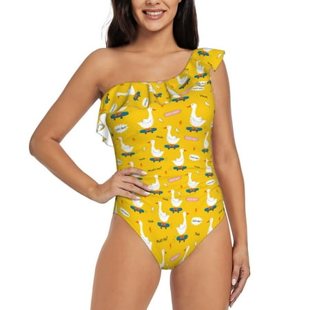 Uemuo cartoon goose Print Women s One Piece Swimsuit Asymmetrical Neck Bathing Suit One Shoulder Side Cutout Ruffle Swimwear-X-Large