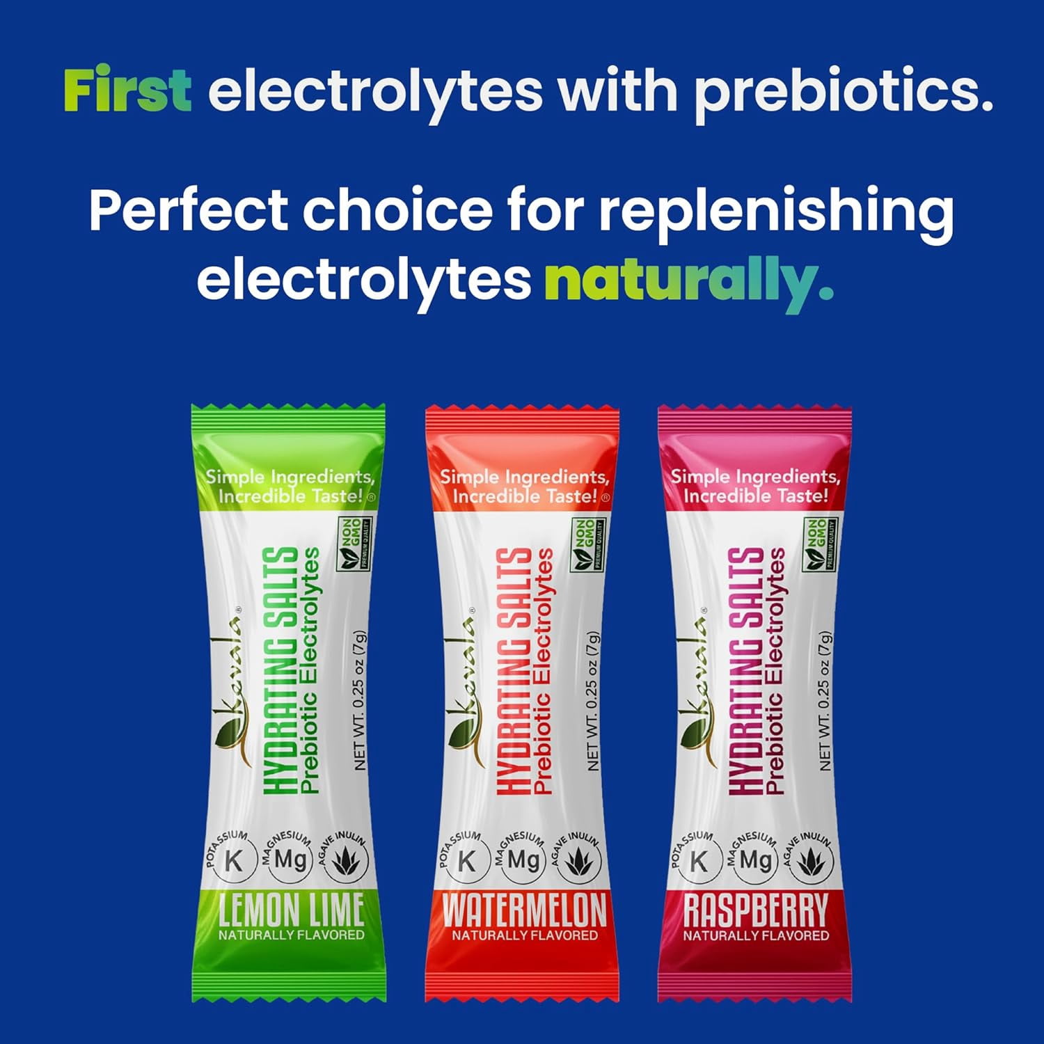 Kevala Electrolytes Powder - Prebiotic Agave Inulin – Variety Pack – Watermelon – Lemon Lime - Raspberry – 15 Sticks
