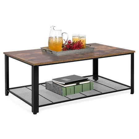 Best Choice Products 42in 2-Tier Rustic Industrial Coffee Cocktail Table, Living Room Accent Furniture w/ Wood Finish Top, Metal Mesh Storage Shelf, Adjustable