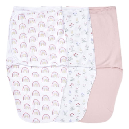 aden + anais Essentials No Zip Wrap Swaddles, Spring Flowers, Pink, Girls, Newborn, 0-3 Months, 3-Pack