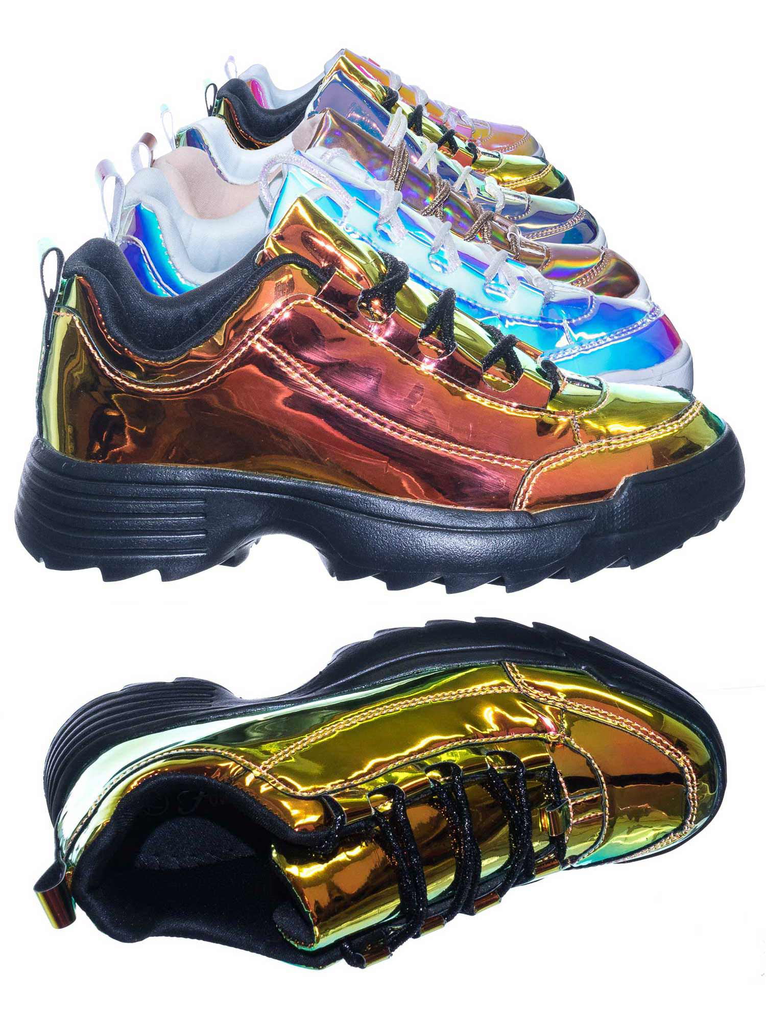 Forever Link ADOBE-12 Gold Multi Hologram Glitter Lace Up Athleisure Sneaker 