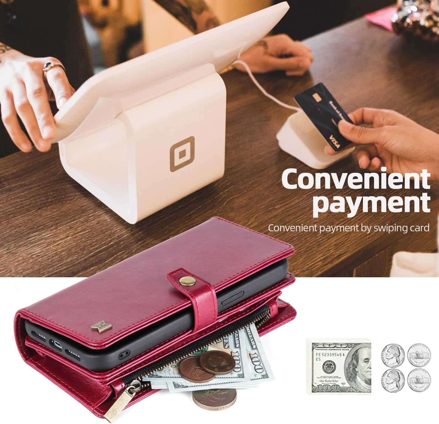 Phone Case Wallet Case Compatible for iPhone 15,iPhone 15 Multifunctional 2 in 1 Magnetic Case Wallet,Durable PU Leather Flip Lanyard Strap Wristlet Zipper Card Holder  for iPhone 15