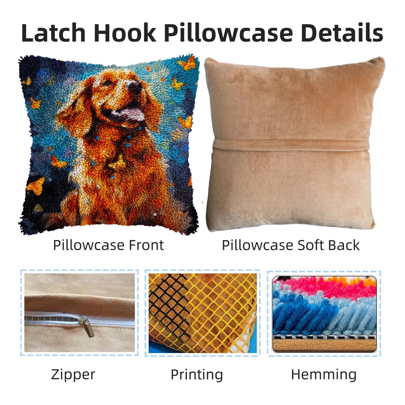 Golden Retriever and Butterflies DIY Latch Hook Pillow Kits for Adults Printed Pillowcase Crochet Yarns Hooking Handmade Pillow Cover Cushion for Home Sofa Decoration 17x17inch