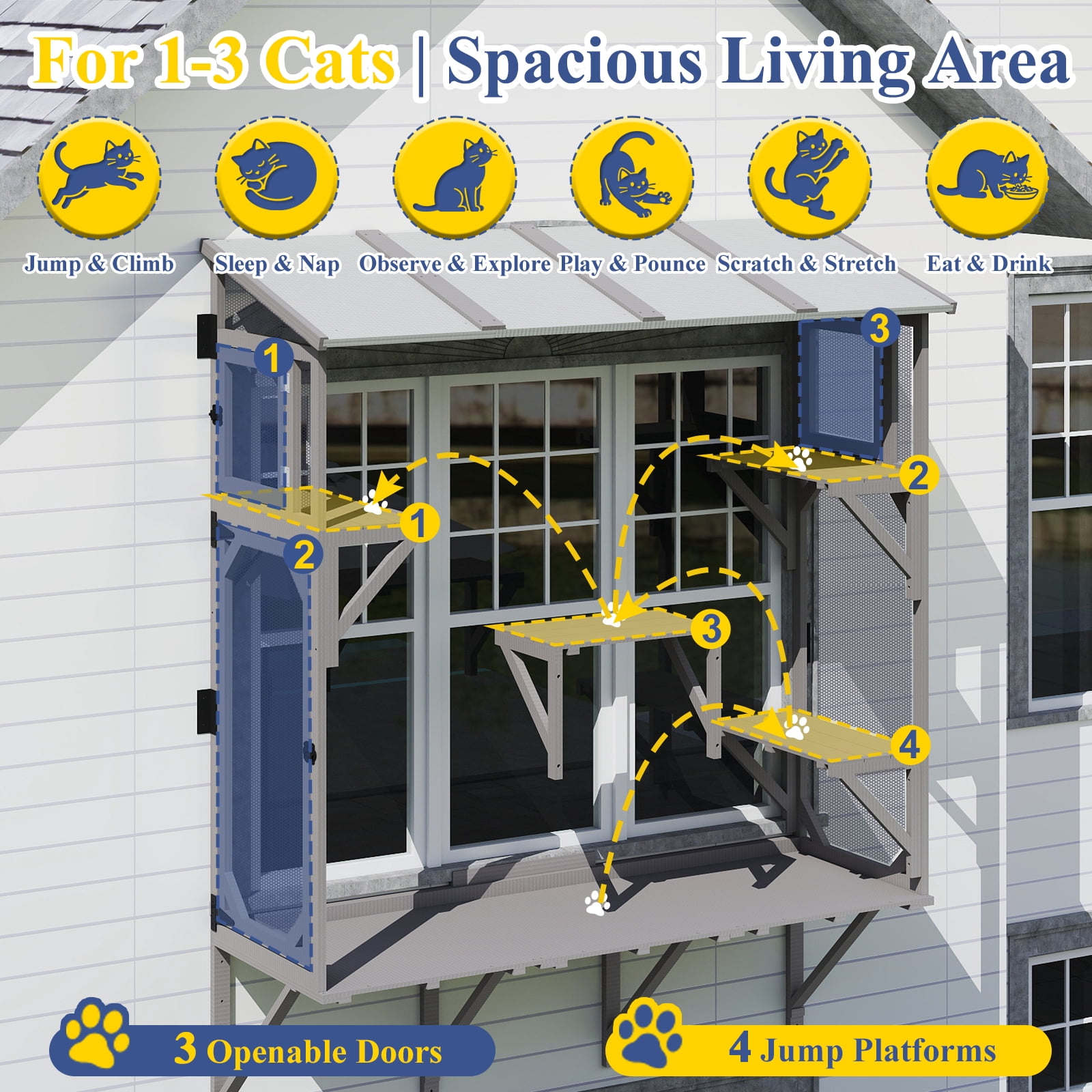 PETSCOSSET Wooden Cat Window Box Enclosure for Multiple Indoor Cats, Small Pet Perch House