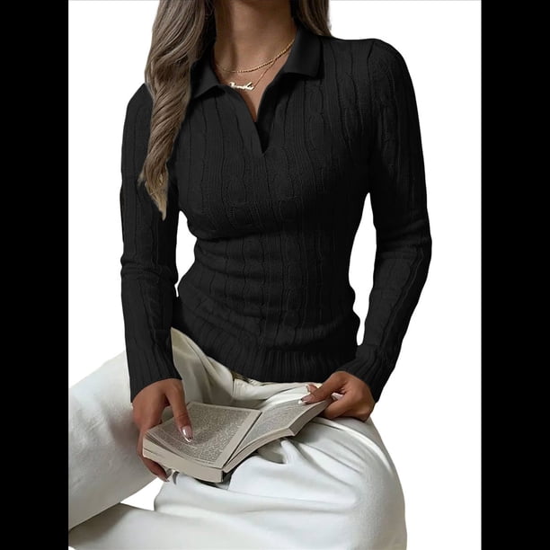 Suéteres de Punto para Mujer, Suéteres de Larga con Cuello en V, Camisetas Casuales, Conjuntos de Moda de Otoño. Negro S