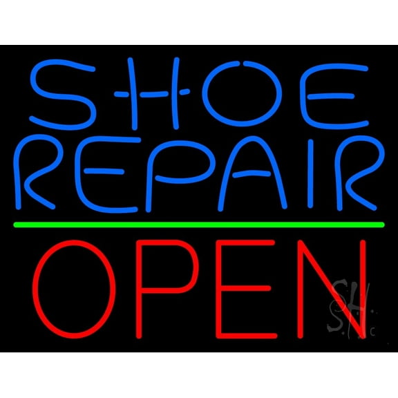 Blue Shoe Repair Open With Green Line LED Neon Sign 15 x 19 - inches, Black Square Cut Acrylic Backing, with Dimmer - Bright and Premium built indoor LED Neon Sign for store Décor, Storefront.