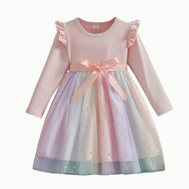 Zanarzt Robe à Manches Longues pour Filles Robe Tutu pour Enfants Robe de Fête en Chiffon pour Petite Fille Automne et Hiver Rose, 5-6 Ans