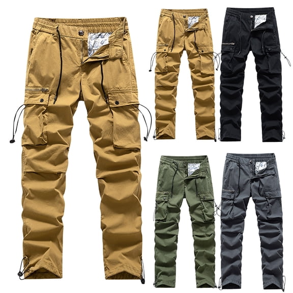 Jinhomg Mens Outdoor Cargo Pants Big and Tall Comfy Elastic Drawstring Waist Work Pants Heavyweight Full Length Hiking Pants with Multi Pockets Todays Army Green L