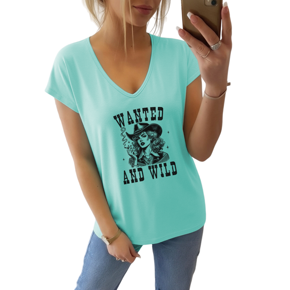 Giffimy WANTED AND WILD Short Sleeve V Neck Casual Tee