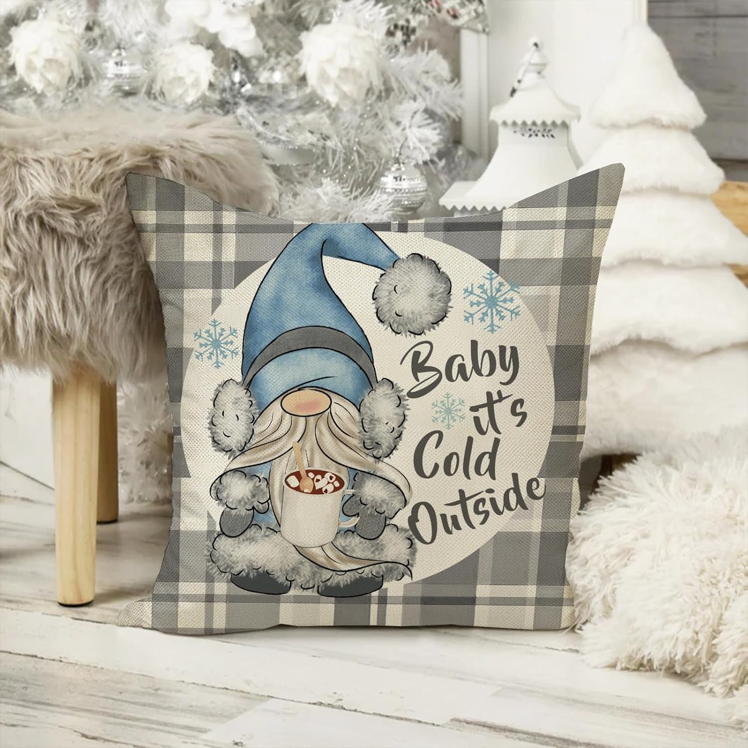 Hello Winter Gnome Grey Decorative Throw Pillow Covers 18 x 18 Set of 4, Warm Winter Wishes Snowflake Plaid Farmhouse Cushion Case Decor, Baby It''s Cold Outside Let It Snow Home Decoration