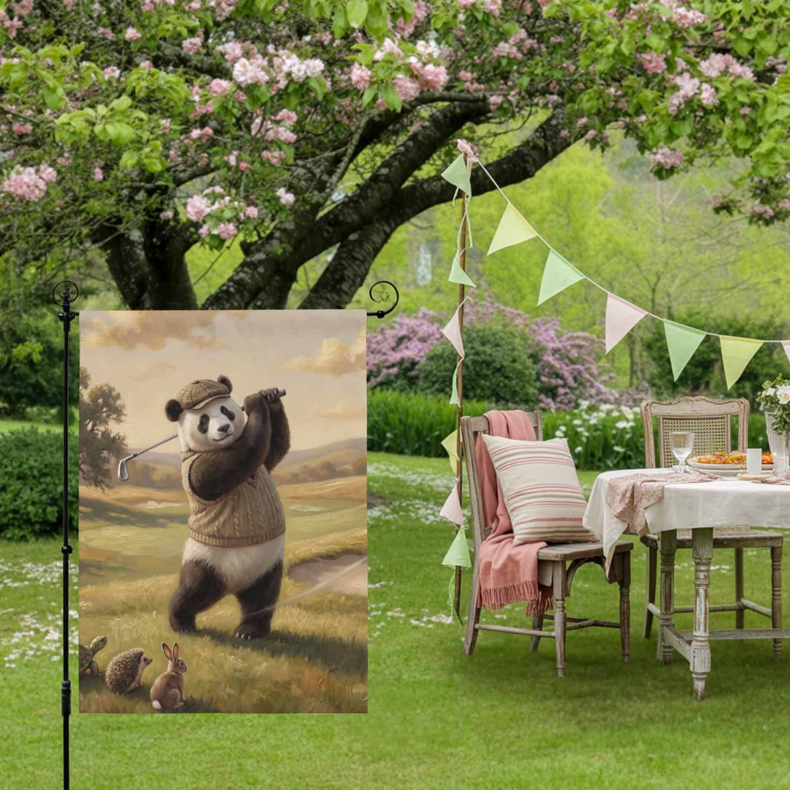 Cute Panda House Flag 28 x 40 Inches, Watercolor Pastoral Scenery Funny Hedgehog Rabbit Golf Weather Proof Outdoor Patio Flags Double Sided Small House Decoration for Yard Lawn Outside Home