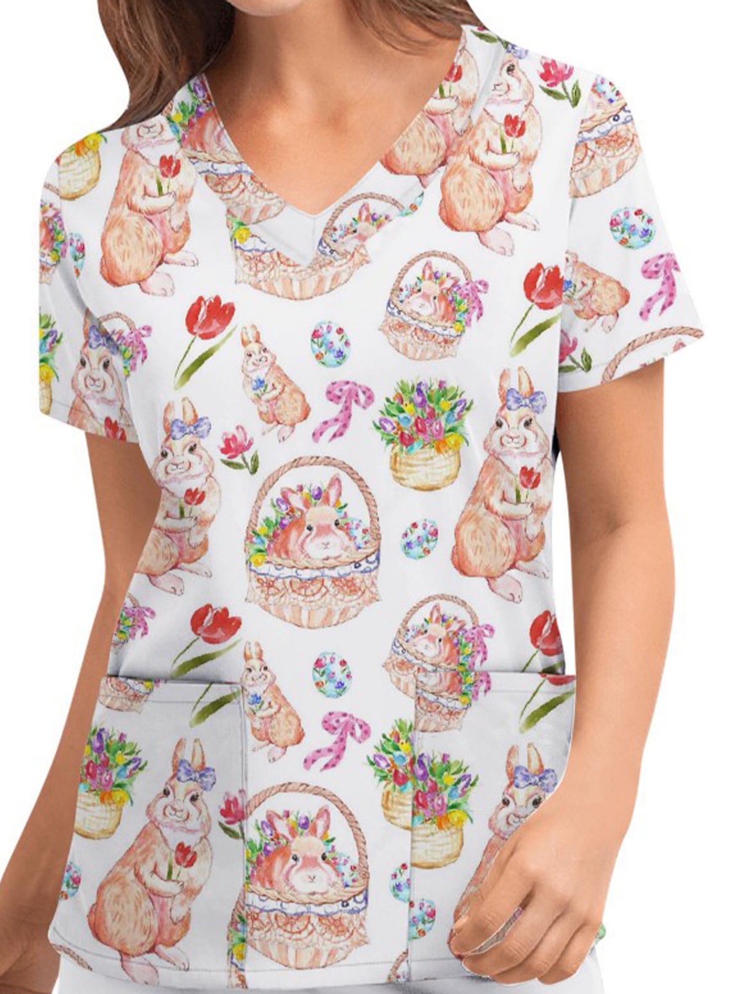 Bebiullo Easter Scrub Tops for Women Eggs Bunny Print V Neck Short