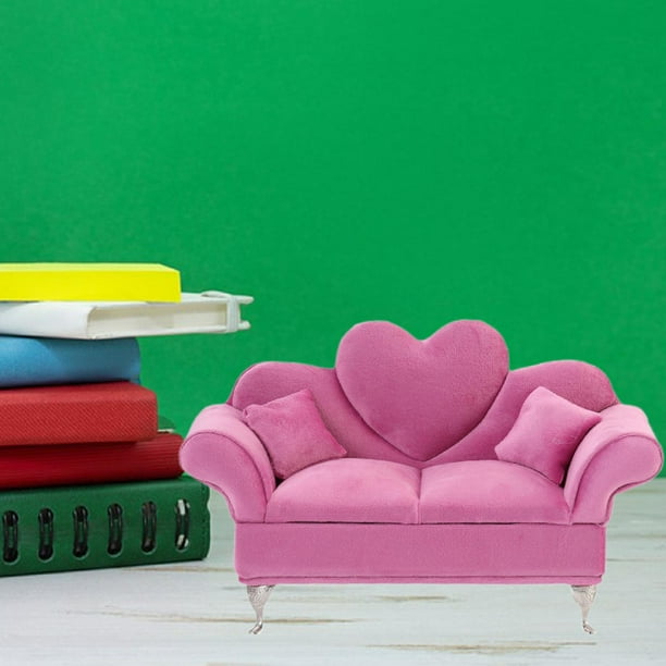 Sofá Doble De Cuero En Miniatura 1:12 Con Cojines – Mueble De Lujo Para Casa De Muñecas (Rosa)