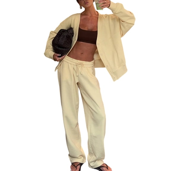 Women'S 2 Piece Sets Casual Round Neck Button-Down Cardigan with Wide Leg Pants Outfits Loungewear Sets Color S