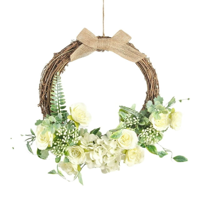 Guirnalda circular de ratán para puerta de entrada, pared, hojas verdes, corona de flores artificiales de 13 pulgadas blanco