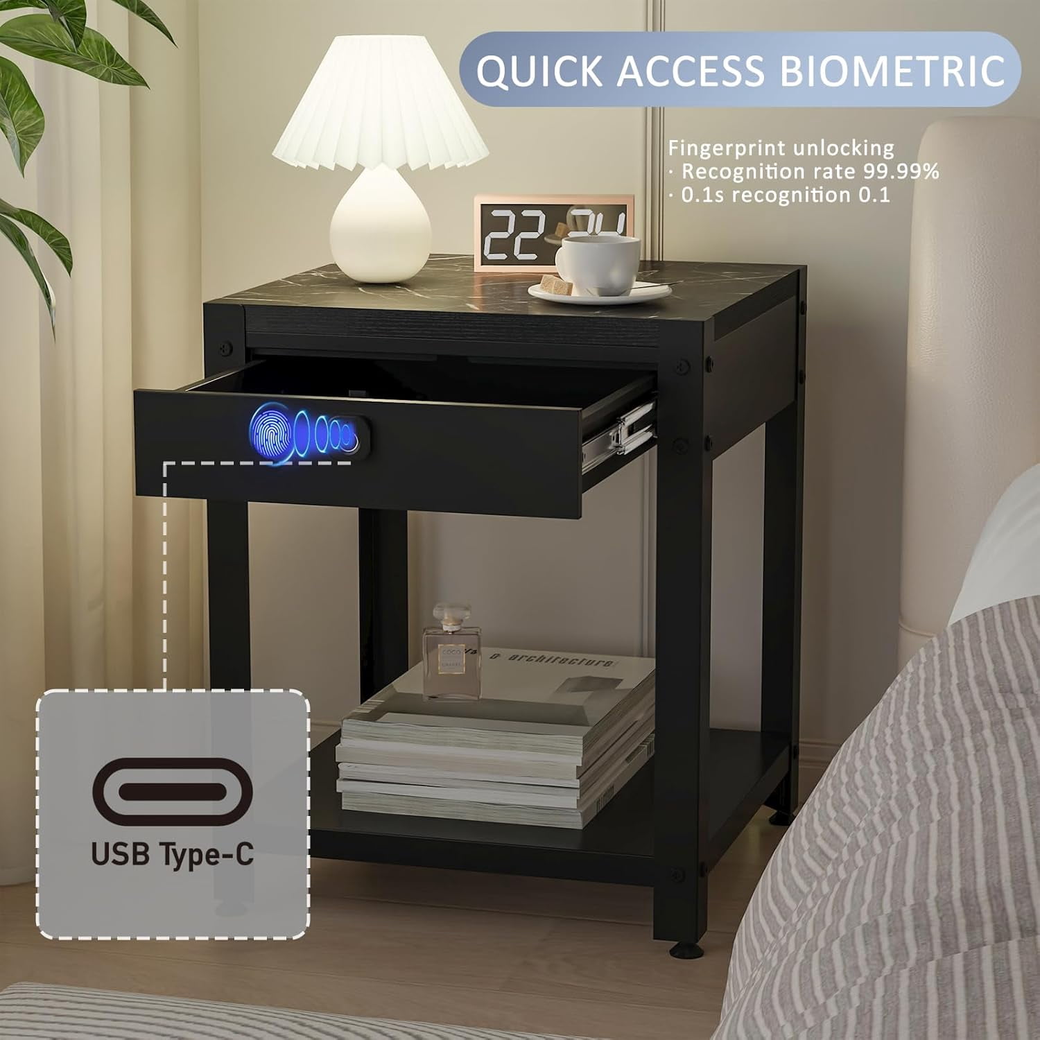Nightstand Gun Table with Hidden Locking Compartment, Smart Fingerprint Gun End Table, Secure Storage Cabinet for Handguns and Valuables, Quick Access Small storage coffee table for Bedroom or Office