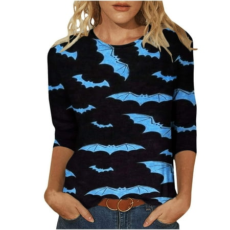

Juebong Womens 3/4 Sleeve Sweatshirts Oversize Pullover Relaxed Fit Halloween Print V Neck Half Sleeve Tunic Tops Dresses with Pocket for Beach Vacation Party Club Night