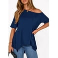thumbnail image 4 of PRETTYGARDEN Off The Shoulder Tops for Women Summer Short Sleeve Asymmetrical Oversized Tee Shirts Casual Spring Clothes, 4 of 10