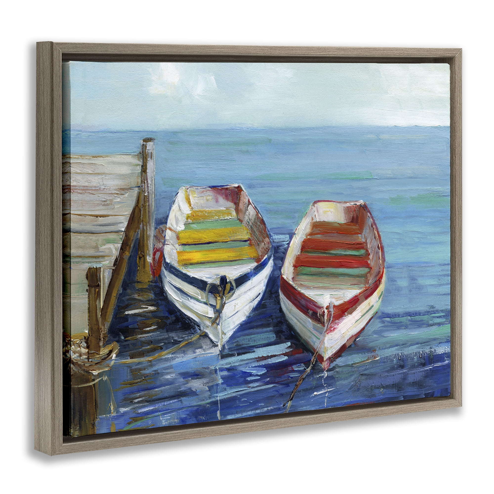 Stupell Industries Twin Boats by Dock Nautical & Beach Painting Brown Floater Framed Canvas Art Print Wall Art, 21 x 17