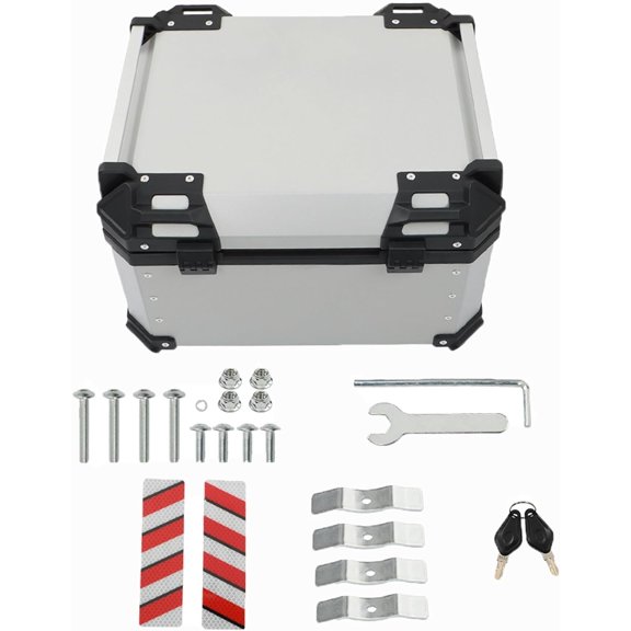LABLT 55L Motorcycle Top Case Tail Box with Backrest and Mounting Plate Hard Aluminum Alloy Watertightness Security Lock Against Theft Silver Metal Motorcycle Trunk Tour Tail Box