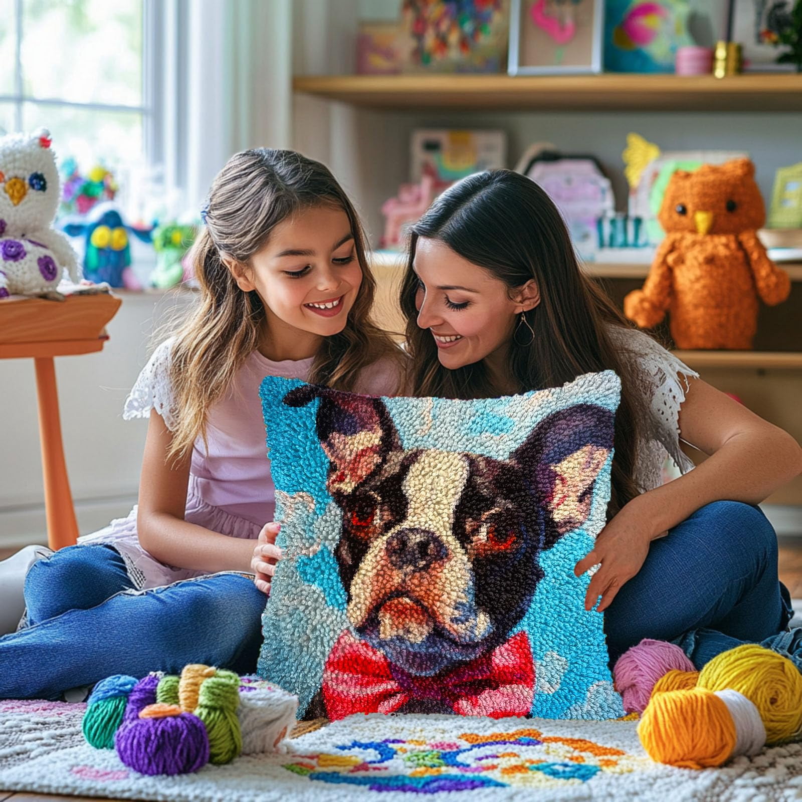 Boston Terrier Wear Tie DIY Latch Hook Pillow Kits for Adults Printed Pillowcase Crochet Yarns Hooking Handmade Pillow Cover Cushion for Home Sofa Decoration 17x17inch