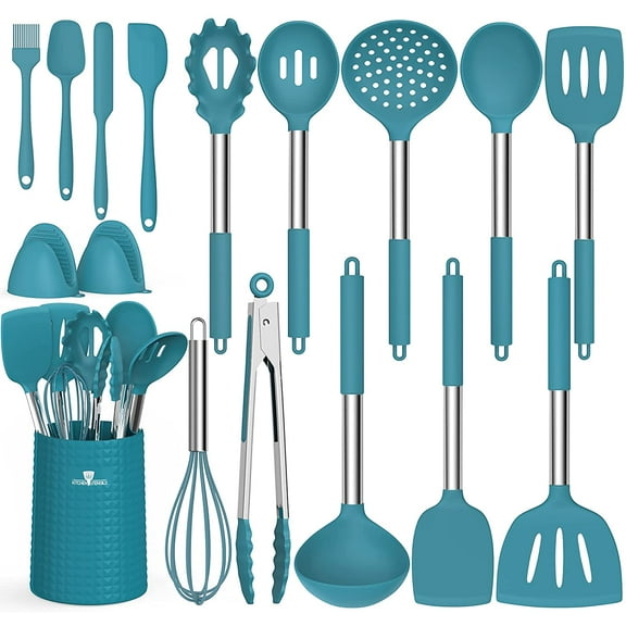 17pcs Silicone Cooking Utensil Set,Non-stick Heat Resistant Stainless Steel Handle,Blue