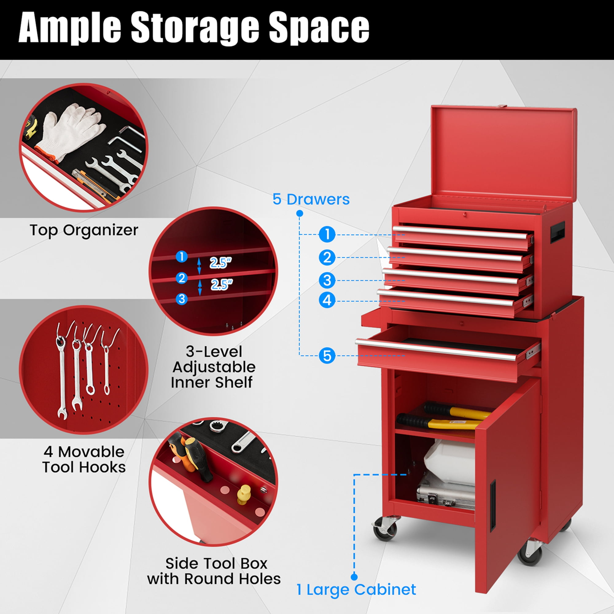 Costway 2 in 1 Tool Chest & Cabinet with 5 Sliding Drawers Rolling Garage Organizer Red