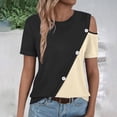 thumbnail image 7 of Teissuly Women'S 2024 Summer Casual And Comfortable Patchwork Color Cold Shoulder Button Splicing Short-Sleeved Round Neck Top/Shirt, 7 of 7