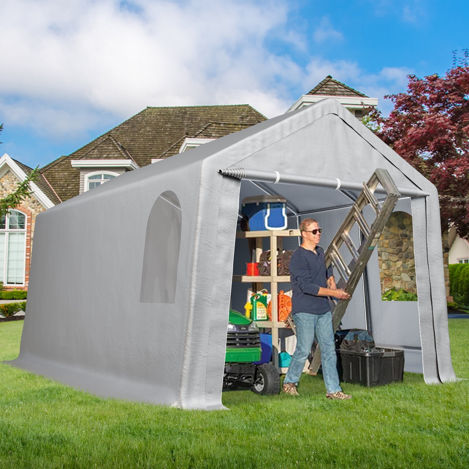 Kicctian 10'x20' Waterproof Outdoor Carport Storage storage unit - Sturdy Metal Frame, Roll-Up Zipper Door, Portable Garage Shelter for Car, Motorcycle, Bike, Garden Tools