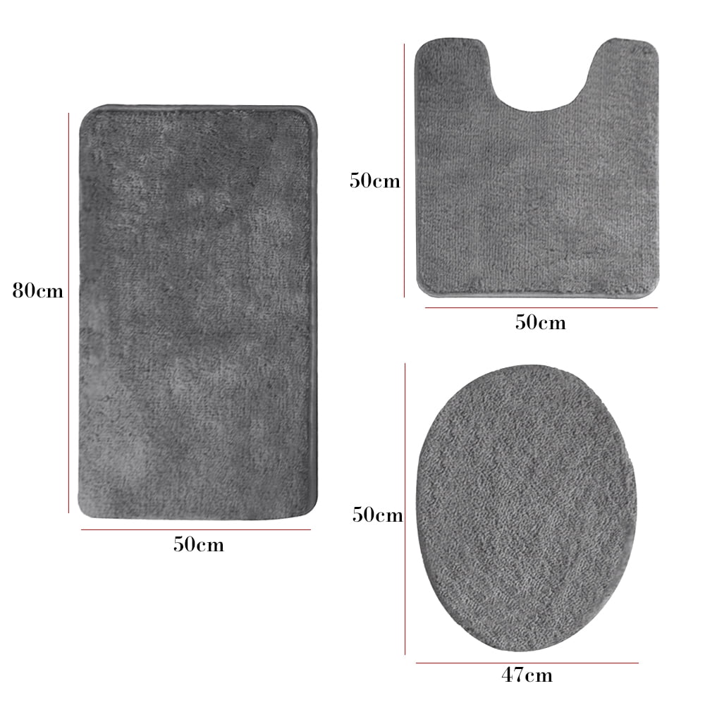 Bathroom Rug Set, 3 Pieces Shaggy Soft Non-Slip Mats Absorbent Toilet Mat,Rectangular Area Rug, U-Shaped Bath Mat, Elongated Toilet Lid Cover (Grey)