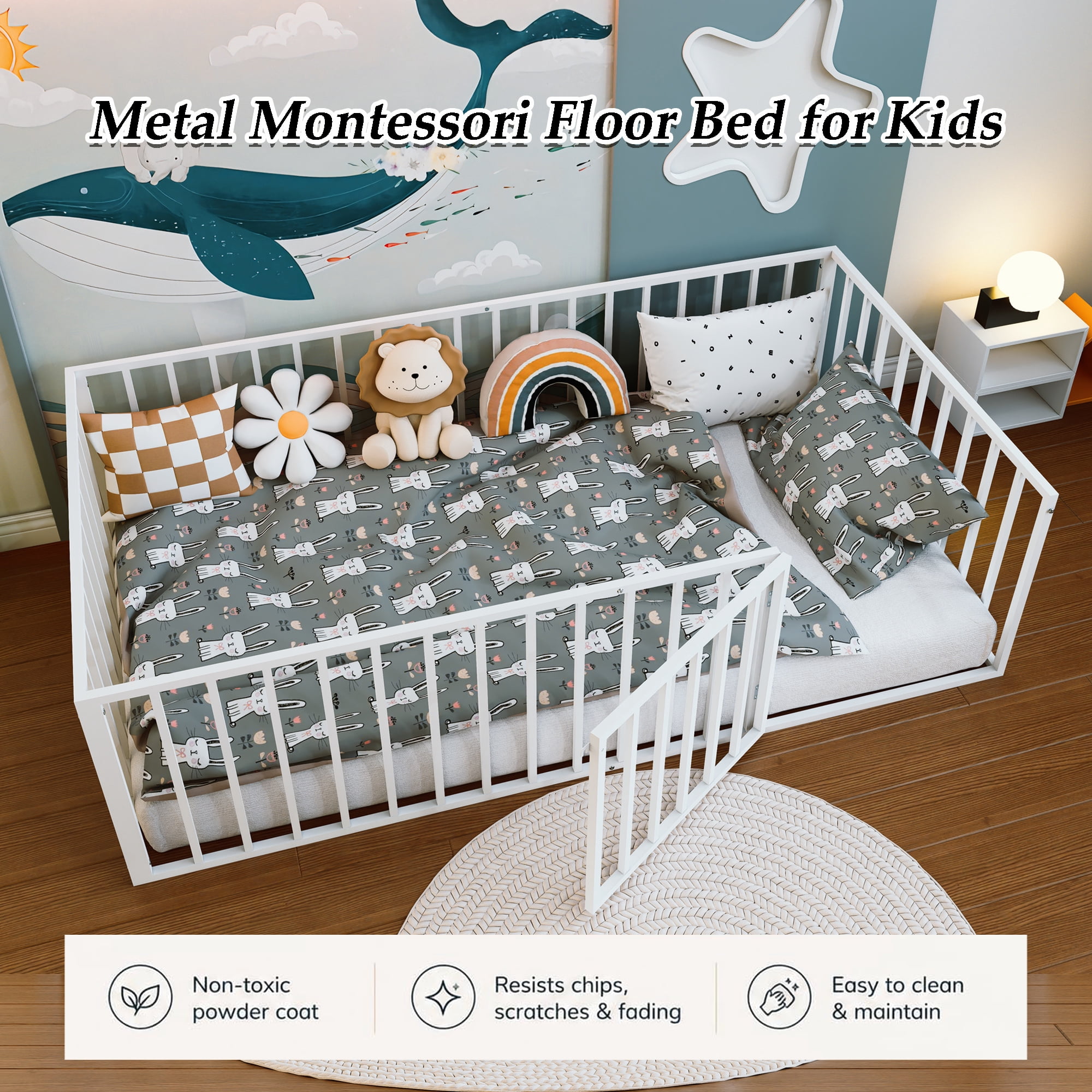 Howcool Twin Size Montessori Floor Bed with Rails and Door,Heavy Duty Metal Low-Profile Frame,White