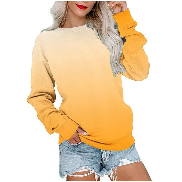 TIMIFIS Chandail Dégradé Jaune pour Femmes, Décontracté, Ample, à Manches Longues, Chandail à Enfiler, Mode, Col Rond, Confortable, Chandails pour Dames