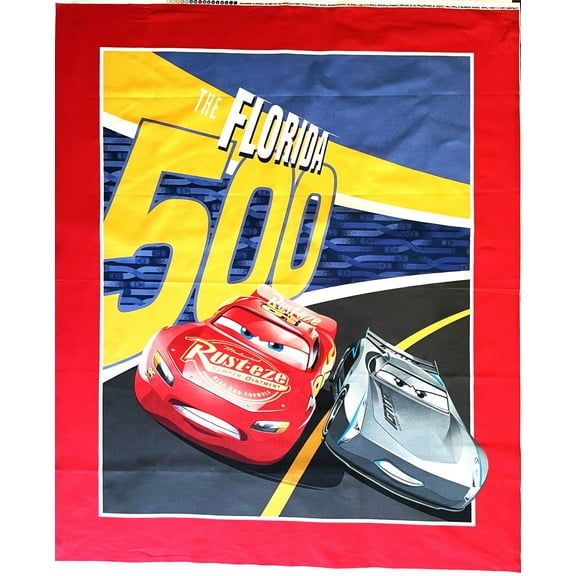 1 Panel - Disney Cars Florida 500 Race Cotton Fabric Panel - Lightning McQueen & Jackson Storm (Great for Quilting, Sewing, Craft Projects, Wall Hangings, and More) 36" X 44"