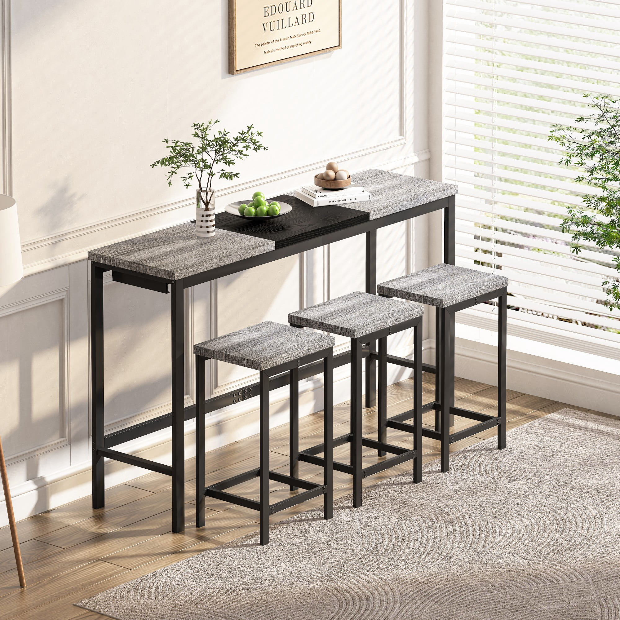 BSHTI 60.24" MDF Dining Room Table Set with Metal Frame, 3 Stools, Space-Saving Hanging Design for Kitchen（Natural+ Gray）