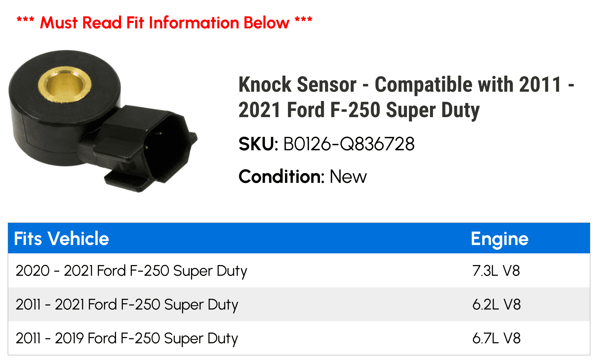 Knock Sensor - Compatible with 2011 - 2021 Ford F-250 Super Duty 2012 2013 2014 2015 2016 2017 2018 2019 2020