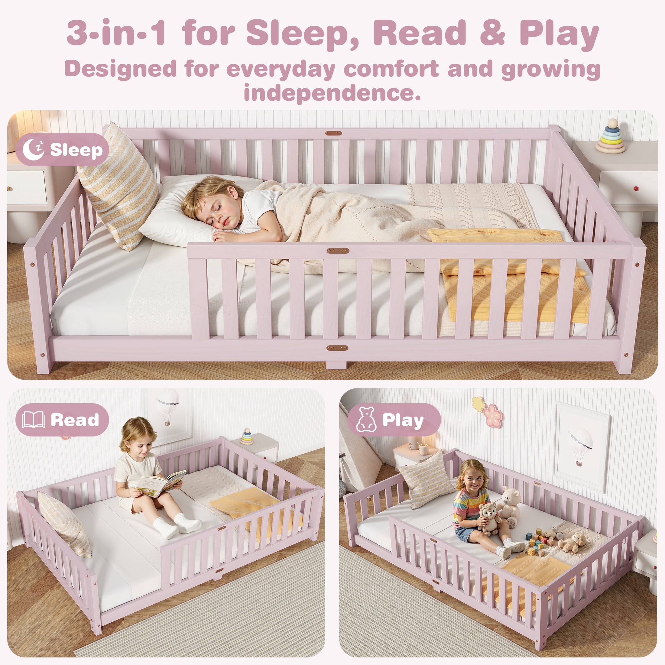 Sesslife Twin Montessori Floor Bed, Wood Twin Size Floor Bed Frame with Safety Guardrails and Slats, Low Profile Toddler Bed for Kids Boys and Girls, No Box Spring Needed, Pink