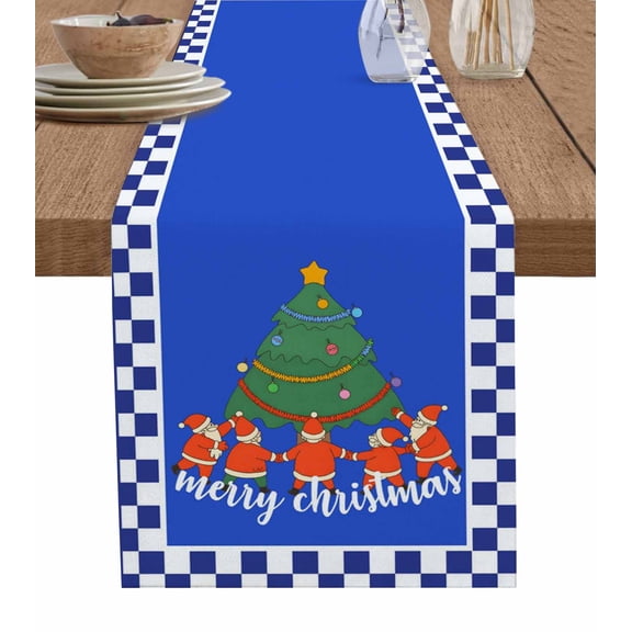 ERUNPONLY Christmas Table Runner - 72 Inch Long Santa Claus Xmas Tree Plaid Lattice Blue Check Cotton and Linen Blended Dress Scarves Farmhouse Table Runner for Kitchen Dining, Coffee Table, 18"x72"