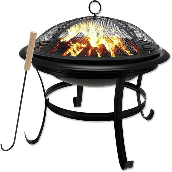 22 in Outdoor– Wood Burning Fire Pit with Mesh Lid and Fire Picker – Durable Alloy Steel Fire Pits for Outside – Small Fire Pit for Backyard, Porch, Deck, Camping, BBQ
