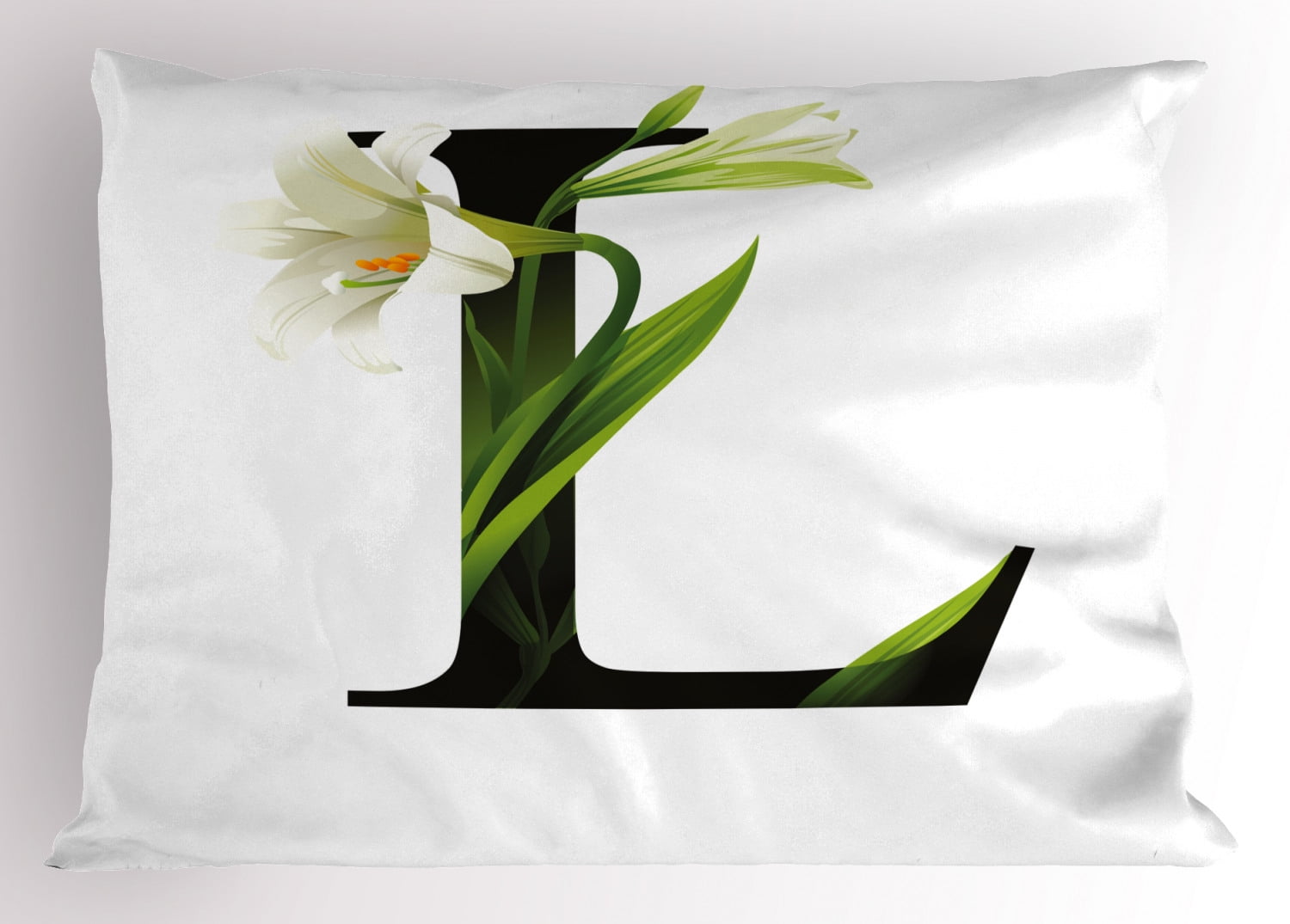 Letter L Pillow Sham Conceptual ABC Typography Capital L with Lily Flourish Floral Natural Grace, Decorative Standard King Size Printed Pillowcase, 36 X 20 Inches, Green White Black, by Ambesonne