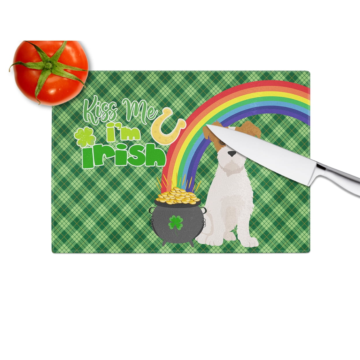 Brown White Wirehair Jack Russell Terrier St. Patrick's Day Glass Cutting Board Large 12 in x 15 in