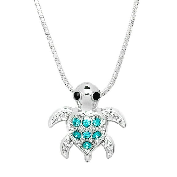 Sea Turtle Pendant Necklace or Earring Blue Zircon Rhinestone Crystal Rhodium Plated 17 Inch Snake Chain J0315-BZ
