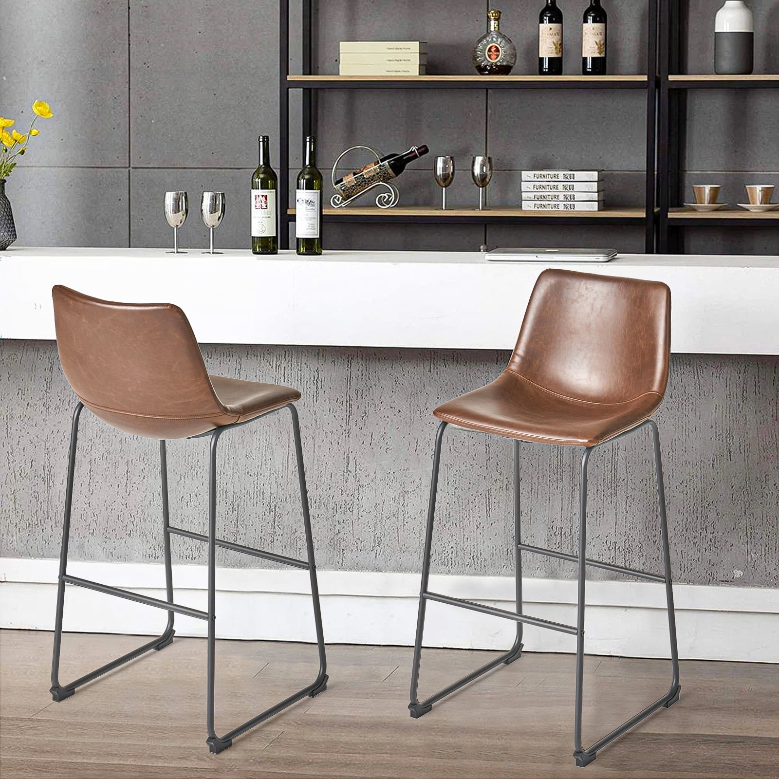 Kadyn PU Faux Leather Counter Bar Height Stools with Back, Upholstered Modern Armless Stool, Vintage Brown Pub Chairs for Dining Room Coffee House Rustic Bar