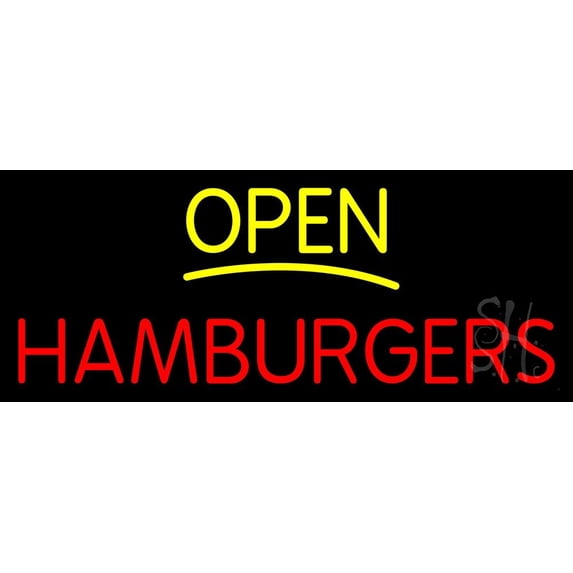 Yellow Open Red Hamburgers LED Neon Sign 10 x 24 - inches, Clear Edge Cut Acrylic Backing, with Dimmer - Bright and Premium built indoor LED Neon Sign for restaurant window and interior decor.