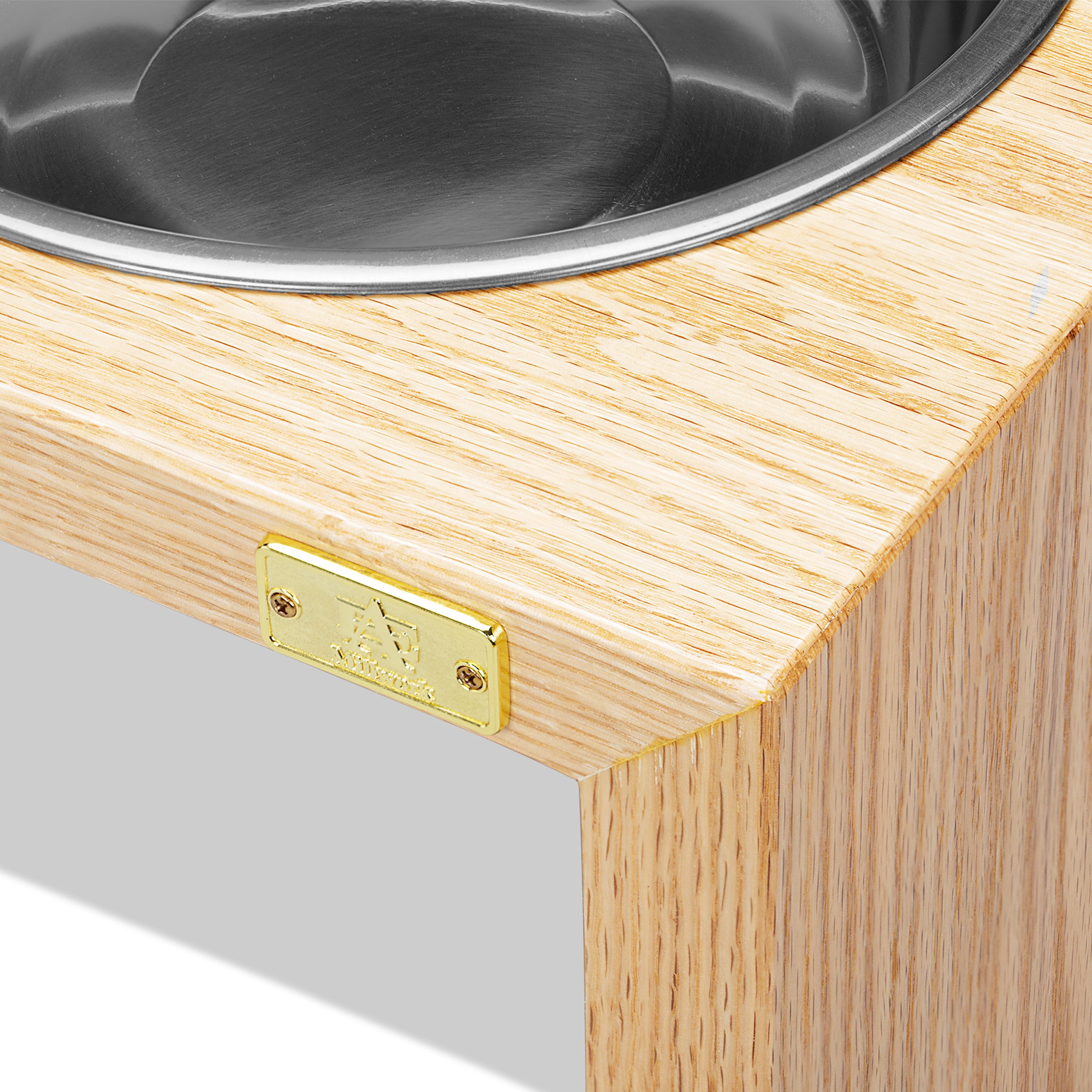 Pet Double Silver Bowl Feeder Luxury Oak Wood Station Large