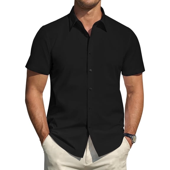 PUZTLOY Men's Dress Shirt Button Down Shirts Short Sleeve Casual Summer Beach Vacation Shirt Black S-2XL